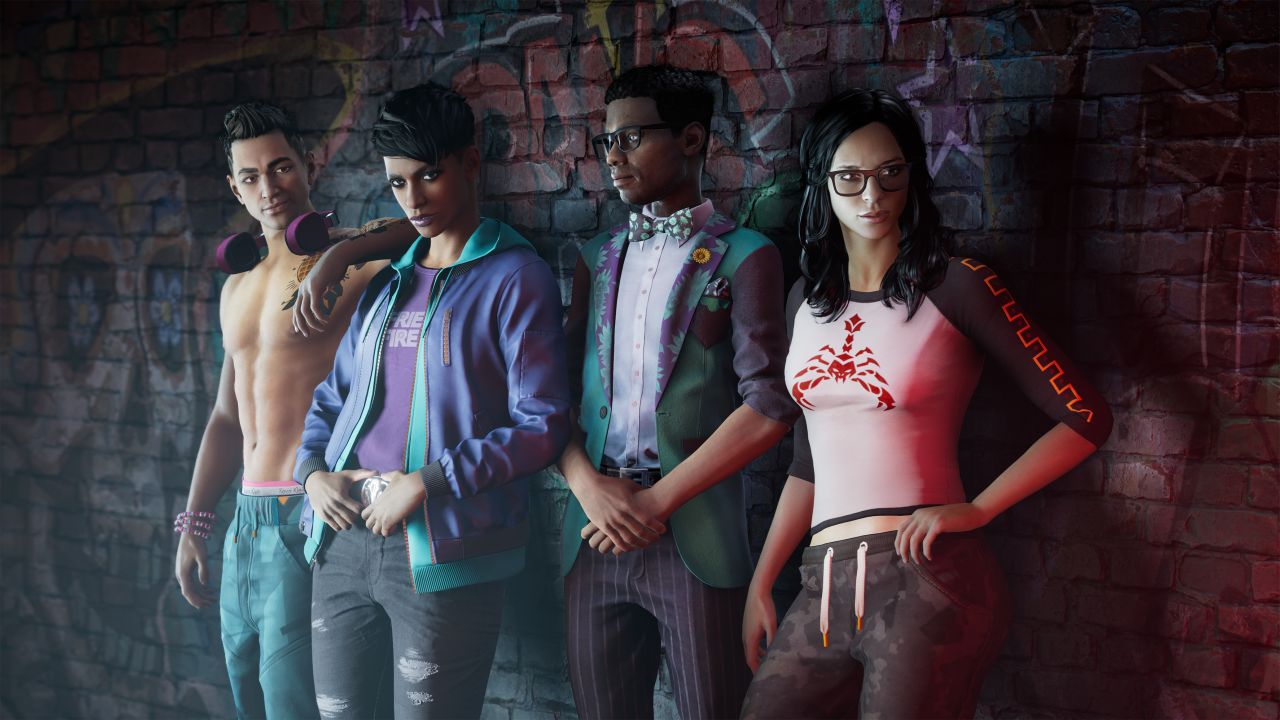 The four main characters in the Saints Row reboot leaning against a wall. Left to right: Kevin, the Boss (player character), Eli and Neenah - 1