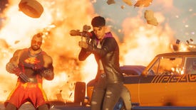 A Boss from Saints Row aims a rocket launcher off-camera, while up in tha background a cold-ass lil hoopty explodes tha fuck into flames n' another gang member reacts.