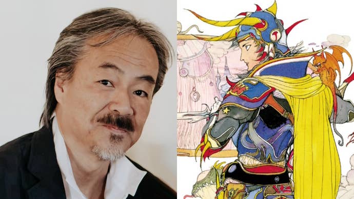 Headshot of Hironobu Sakaguchi next to Final Fantasy 1 artwork of warrior with yellow cloak