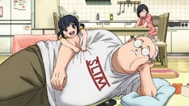A still from the Sakamoto Days anime showing the titular main character, a chubby man with round glasses and a moustache, laying on the flour, is daughter laying on top of him, wife sat in the background.