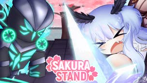 Artwork for Roblox game Sakura Stand, showing a masked character and a cute chibi female anime character.