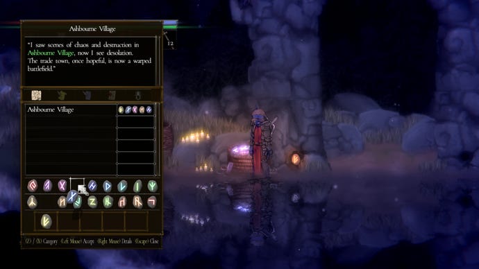 The player chooses runes to spell out Ashbourne Village at The Arch in Salt And Sacrifice.