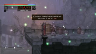 A warrior speaks to another, who says that someone, or something, wants to speak with one who has devoured the heart of a Mage.