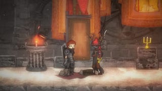 A Salt and Sanctuary screenshot showing two characters talking in a warmly lit stone room.