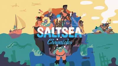 Saltsea Chronicles key art showing a group of characters on a circular rock in the ocean, with one scuba diving character beneath the waves. In the background to the left is a ship with two silhouettes looking into the distance. In the background to the right is an island with some manmade structures on it and smoke rising to the sky