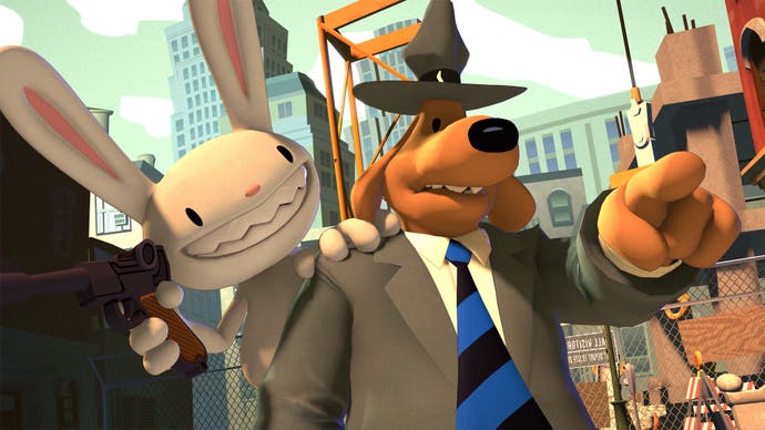 A Sam &amp; Max: The Devil's Playhouse Remastered screenshot showing a close-up of the dog and bunny crime-fighting duo Sam &amp; Max as they stand out in the street.