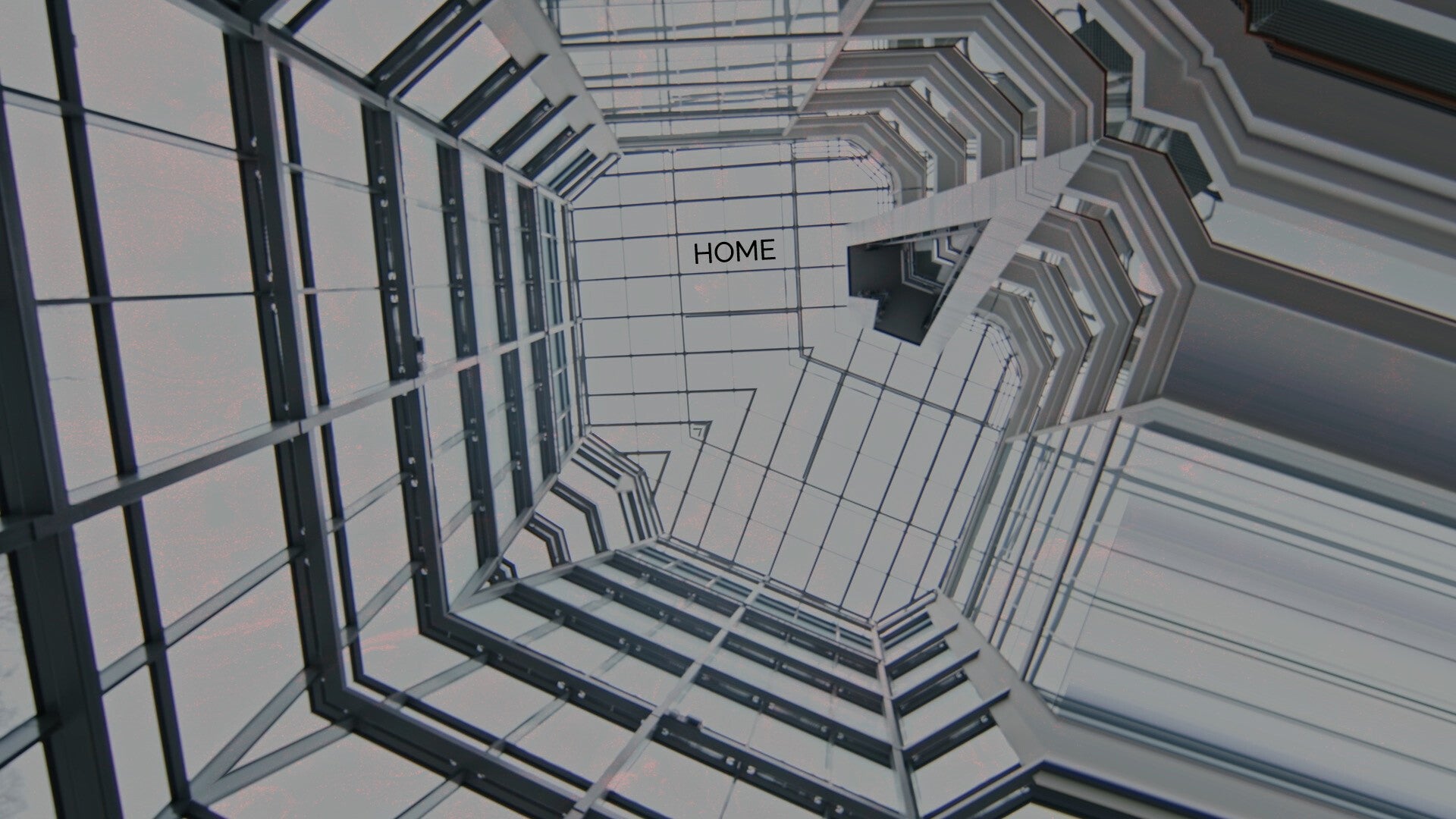 A kaleidoscopic promotional image for Sam Barlow&rsquo;s mysterious Project D showing the fragmented inside of a tall glass building superimposed with the word &ldquo;home&rdquo;.