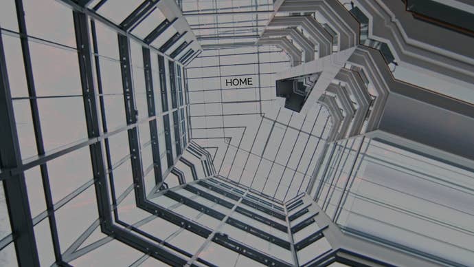 A kaleidoscopic promotional image for Sam Barlow’s mysterious Project D showing the fragmented inside of a tall glass building superimposed with the word “home”.