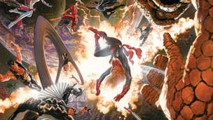 Comic book art of characters like Captain Marvel, The Thing, Mr Fantastic, Spider-Woman, Lady Thor, and more all floating near an explosion in space high above earth in the cover art for Secret Wars (2015).