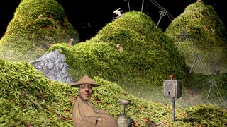 A screenshot of Samorost, which has been newly released on Steam with enhanced graphics and new music, showing a green landscape and pleased looking man in the foreground.