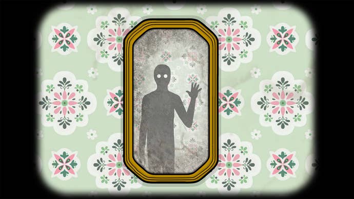 A shadow person with bright white eyes their only visible feature waves at their own reflection in a mirror, surrounded by an elaborate green patterned wallpaper.