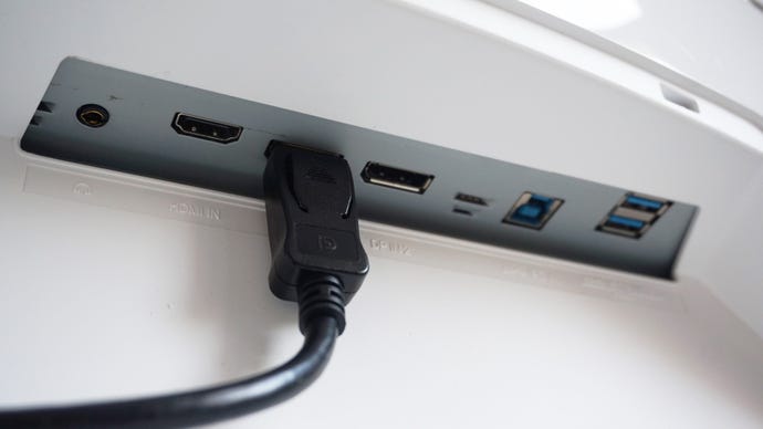A photo of the Samsung Odyssey G9 gaming monitor’s display inputs