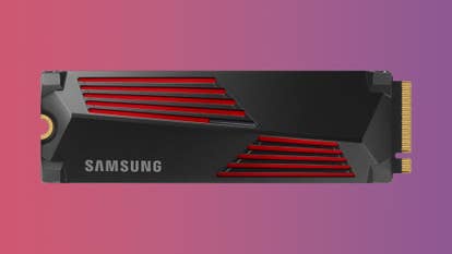Samsung 990 Pro heatsink SSD on a gradient background