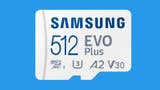 The 512GB Samsung Evo Plus MicroSD card on a blue background.