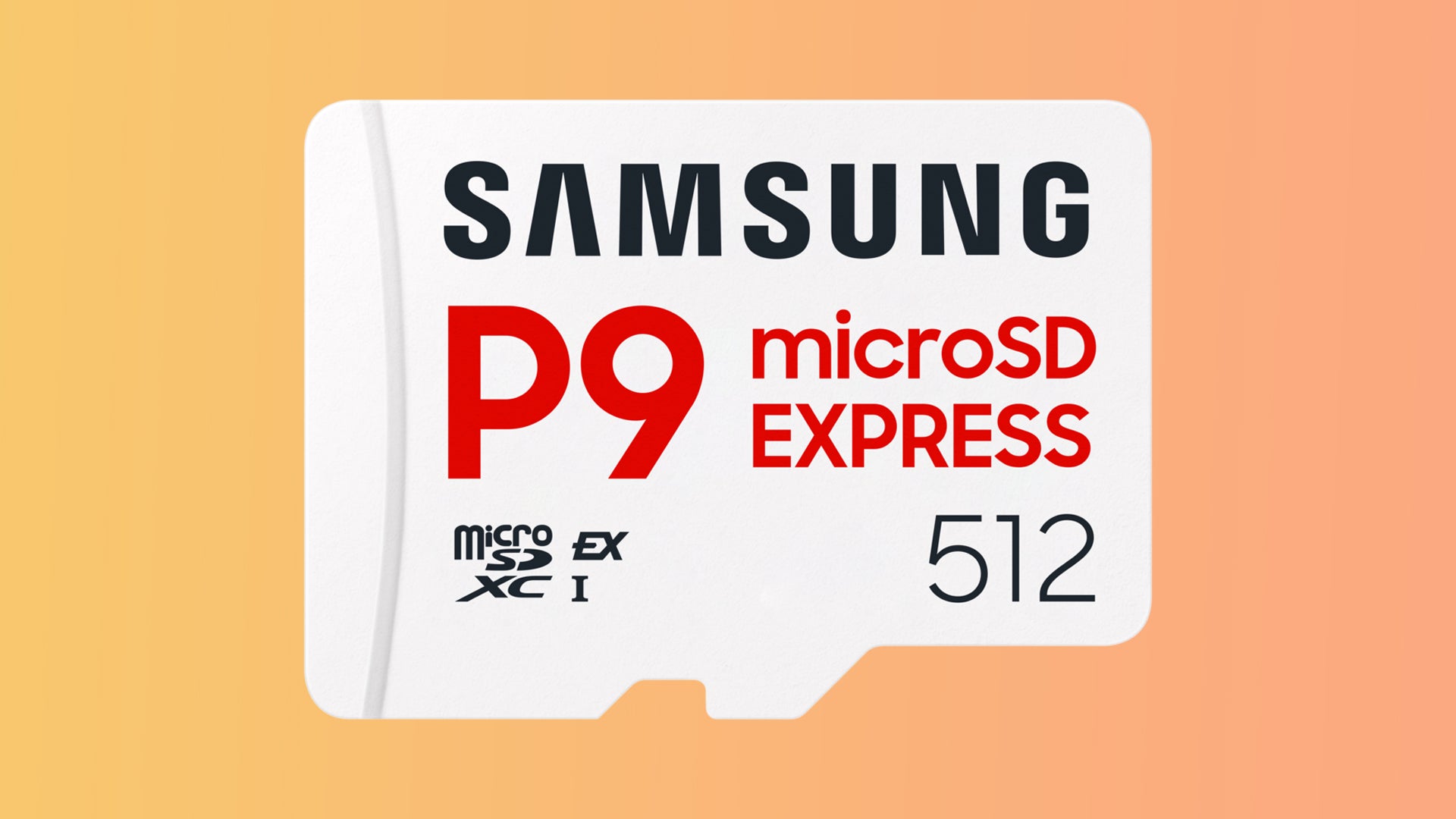 Samsung P9 512GB MicroSD Express card on a gradient background