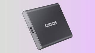 Samsung T7 portable SSD on a gradient background