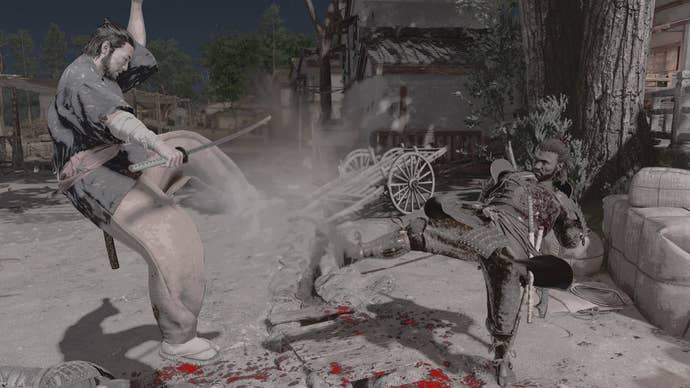 Yasuke uses a powerful kick from his Samurai skill tree to send an opponent flying.
