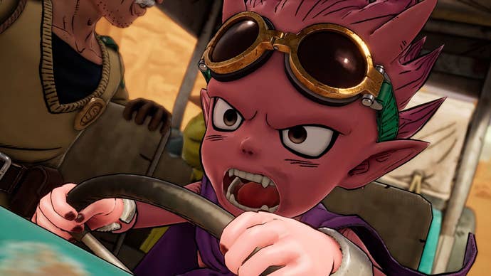 A close-up of Beelzebub, a pink demon with spiky hair and goggles, driving a car, he's panicked as he's being chased by a giant creature.