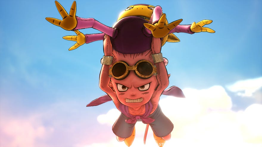 Sand Land’s Beezlebub plummets to the earth, holding a demon aloft in both of his arms.