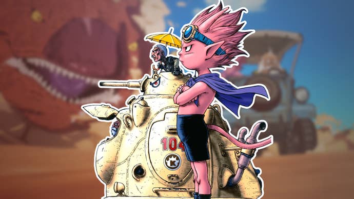 Sand Land’s Beelzebub stands over a blurred image of a dragon and a buggy.