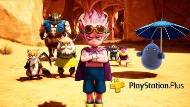 Sand Land screenshot showing angry pink character with arms crossed with PS Plus logo
