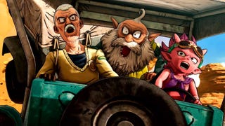 Sand Land official image showing three characters in a rickety truck crying out