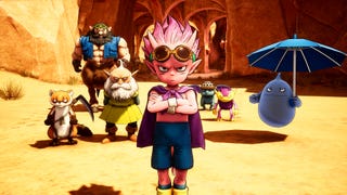 A Sand Land screenshot showing protagonist Beelzebub standing with his arms folded in the foreground while his companions line up behind him.