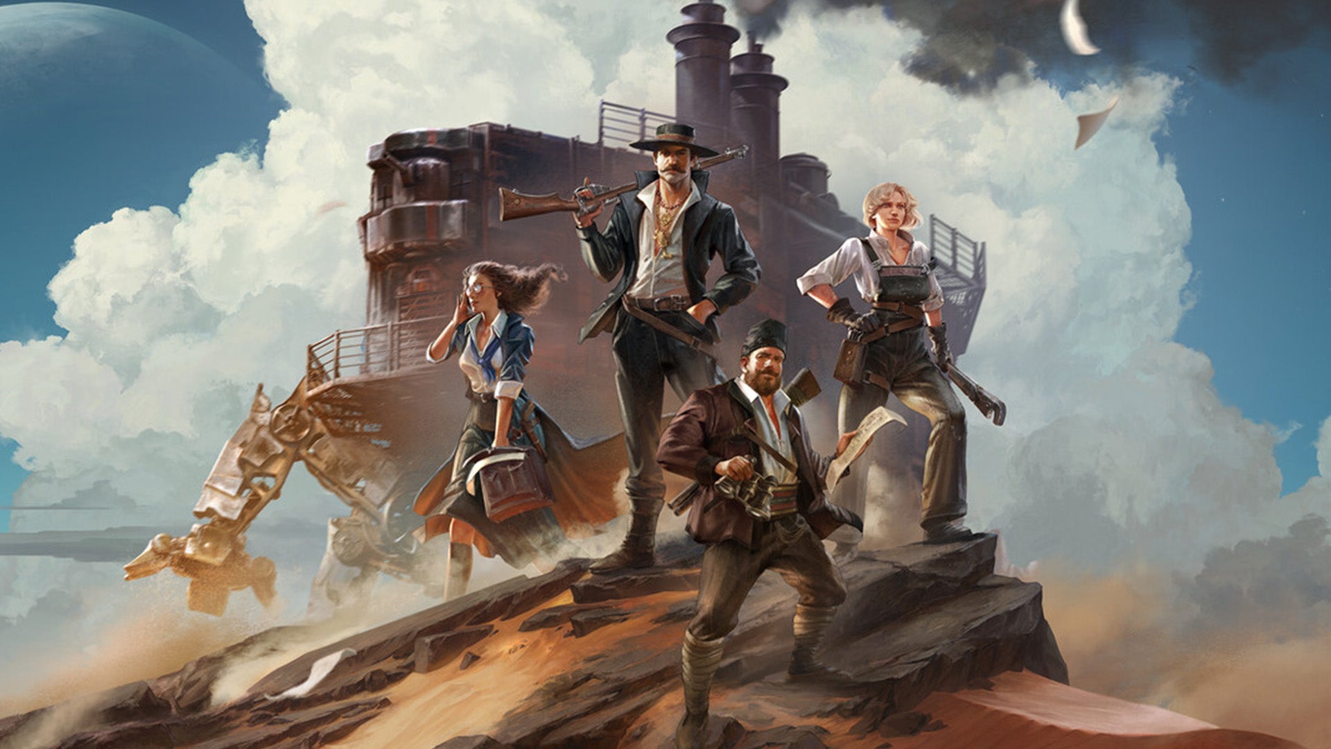 Four people wearing early 20th century adventure clothing stood in front of a mobile fortress with mechanical limbs in key art for Sand: Raiders of Sophie. - 1