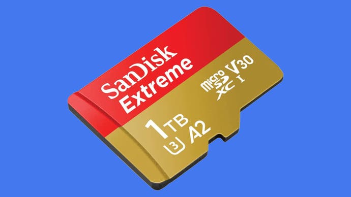 The SanDisk Extreme 1TB microSD card with a blue background.