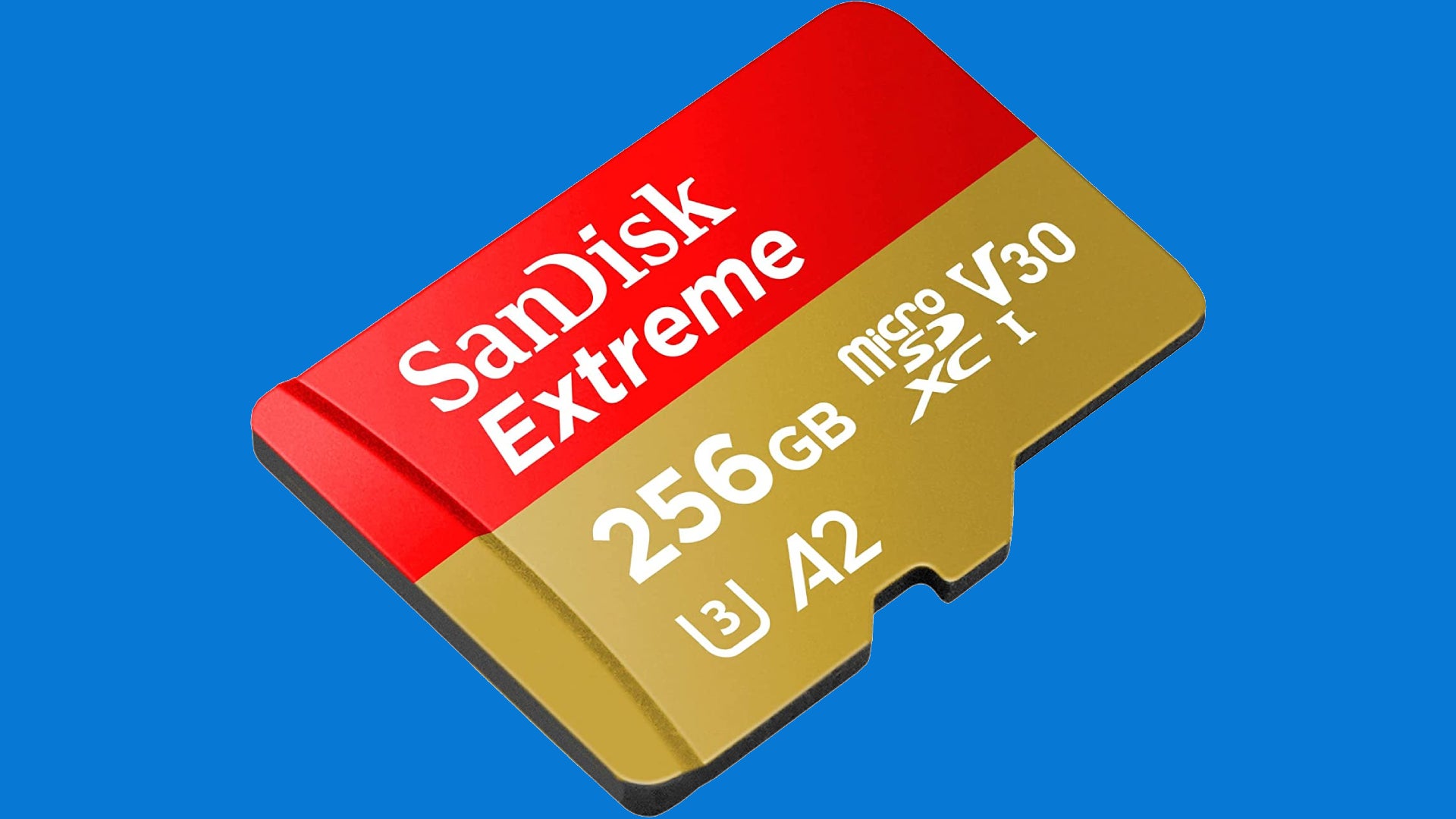 SanDisk&rsquo;s 256GB Extreme SD Card on a blue background