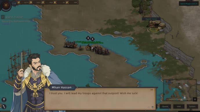 The warrior Mhan Hassan talks to the player in a rainy wetland scene in Sands Of Salazaar