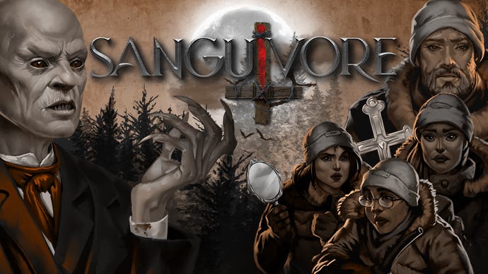Sanguivore artwork of vampire character and four survivors in sepia tones