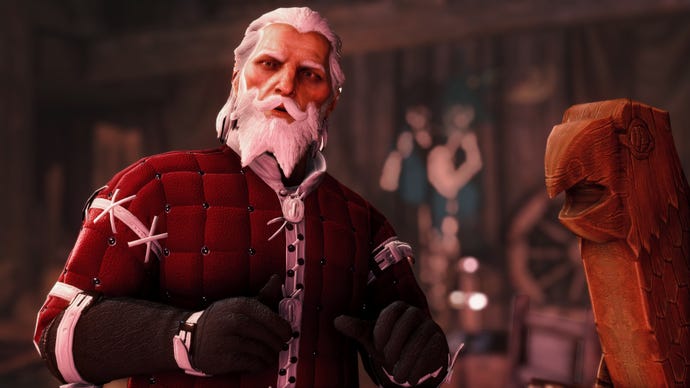Dragon Age: Inquisition's Blackwall dress up like Santa, complete with white hair and a red and white coat.