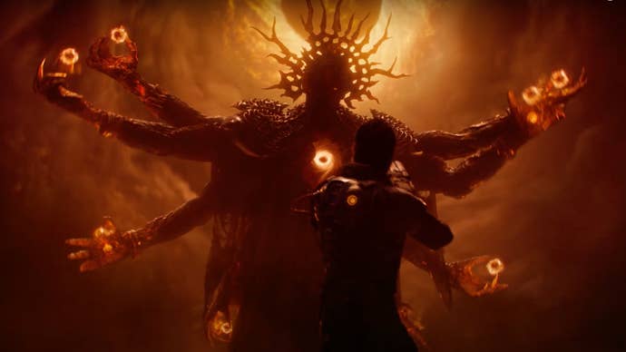 An image from the Saros cinematic trailer showing a crowned, multi-armed humanoid creature rising beneath a shrouded alien sun, while the human protagonist looks on with his weapon drawn.