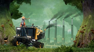 A player in Satisfactory drives a big tractor through a green landscape as an alien pet sits on the vehicle. In the background a factory pumps out smoke.