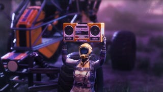 A masked player character in Satisfactory lifts a boombox above their head.