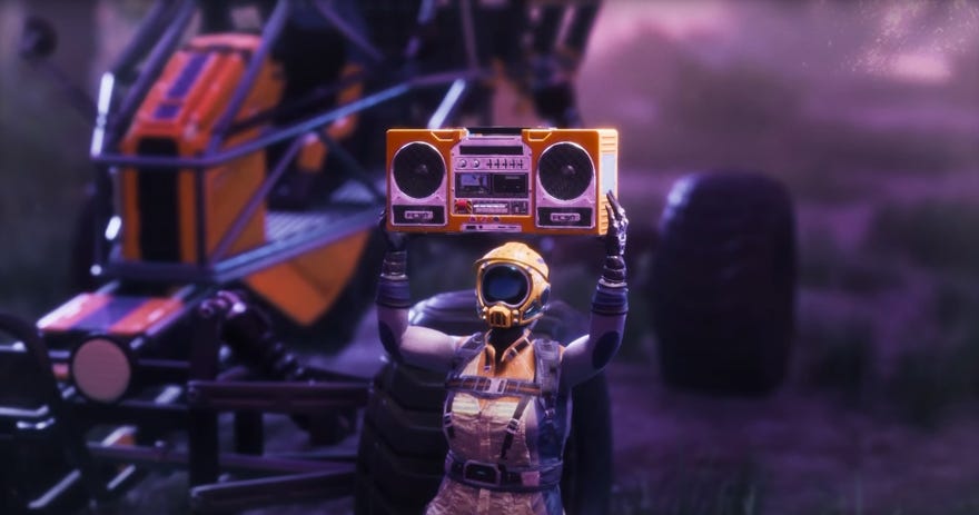 A masked player character in Satisfactory lifts a boombox above their head.
