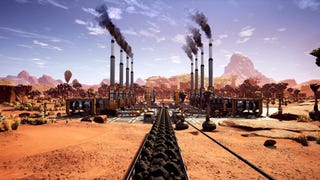 A Satisfactory screenshot showing a conveyor belt flanked by smoking chimneys in the middle of an alien desert.