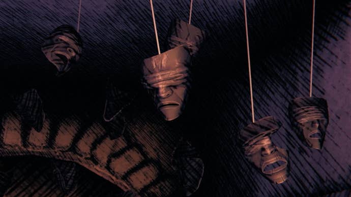 Some hanging masks, each designed with a cloth over their eyes, suspended from an overpass in Saturnalia