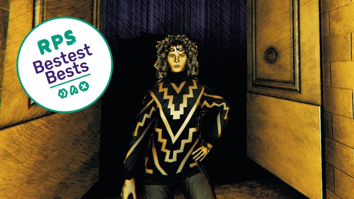 Anita, one of the player characters in Saturnalia, standing between open church doors, and lit in a strange, yellowish light. The RPS Bestest Best review sticker is superimposed in the top right corner