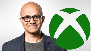 Headshot of Microsoft CEO Satya Nadella with a superimposed green Xbox logo