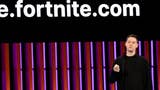 Saxs Persson on stage in front of a background that reads creative.fortnite.com in large letters