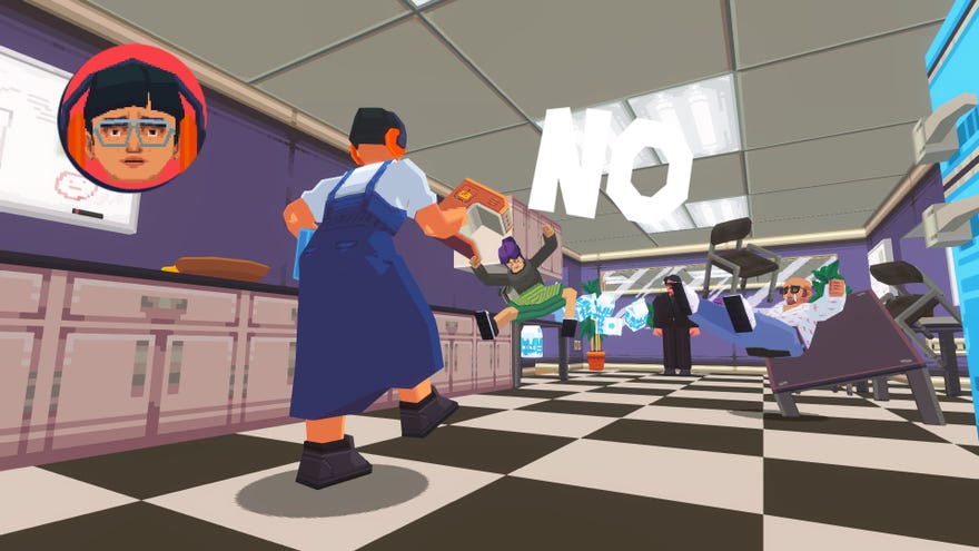 Say No! More - The player intern shouts “no” in a break room, sending co-workers flying into a table and milk cartons.