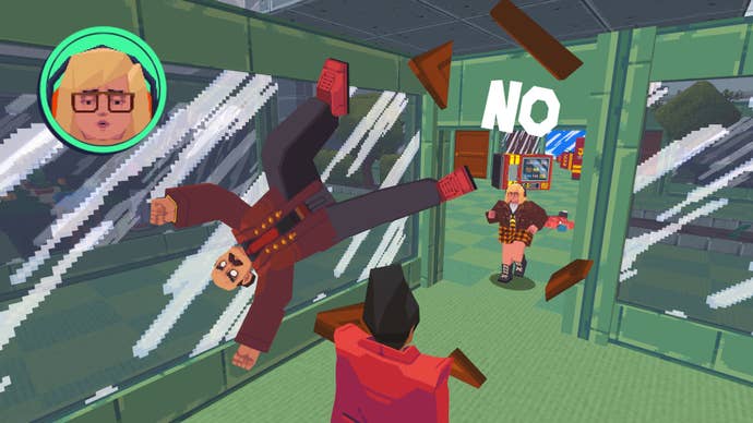 Say No! More - The player character sends a co-worker flying through the air with the power of their “no!” while another co-worker runs towards them through a broken door.