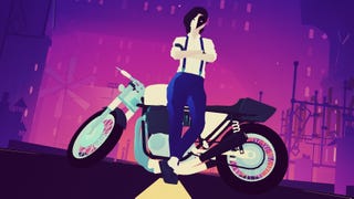 A Sayonara Wild Hearts screenshot showing a masked woman in jeans and braces leaning against a motorcycle in a stylised, purple-hued world.