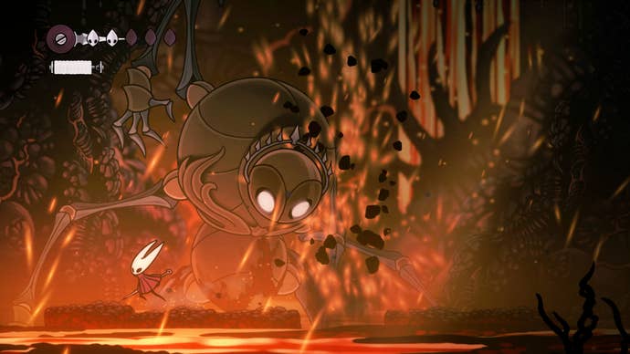 Hollow Knight Silksong official screenshot showing you battling a fiery boss