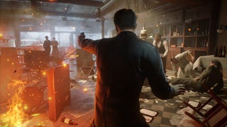 Screenshot from Mafia: Definitive Edition showing a gun fight within a burning building