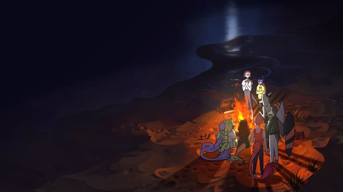 Goodbye Volcano High screenshot showing a group of teen dinosaurs gathered round a campfire on the beach, next to an ocean of darkness.