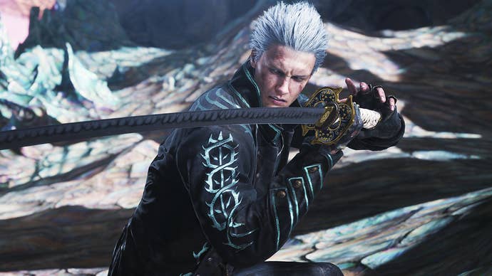 Devil May Cry 5 Vergil holding his sword ready for battle