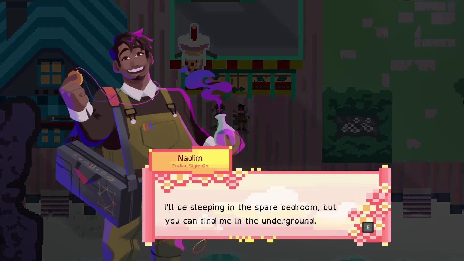 Dialogue from a character known as Nadim, saying “I’ll be sleeping in the spare bedroom, but you can find me in the underground.”